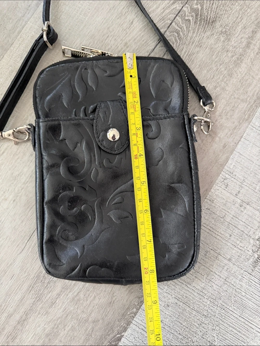 LEATHER Black Embossed Floral Crossbody Phone Bag with Adjustable Strap